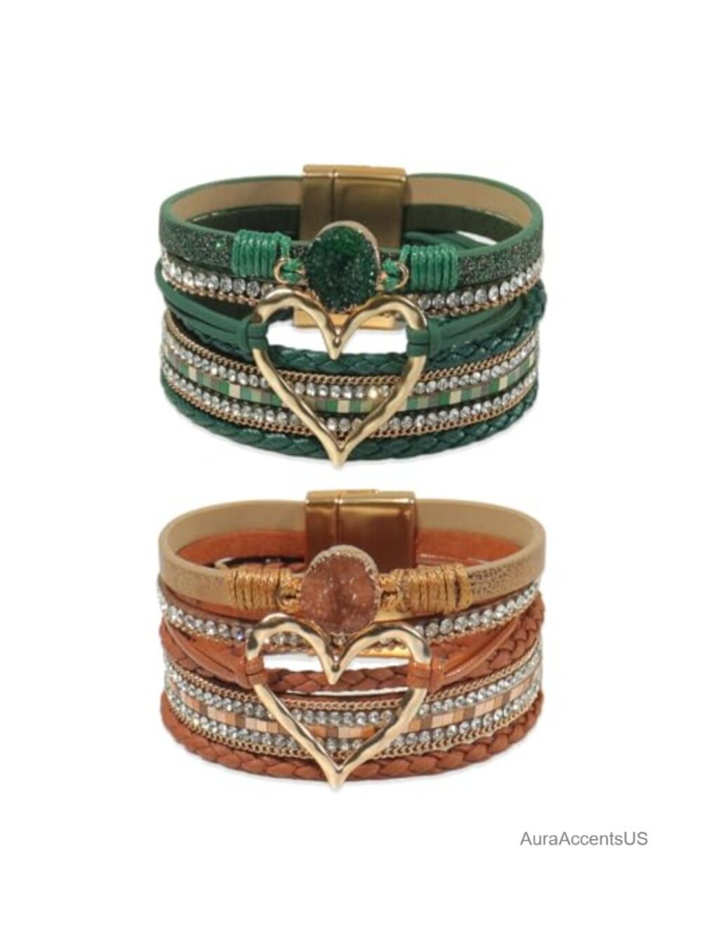 Boho Multi-Layer Wrap Bracelets Set of 2 Heart Rhinestone Cuff Style Leather